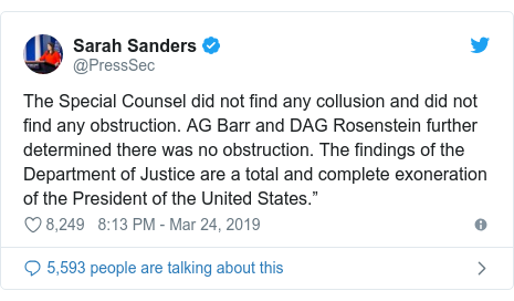 Twitter post by @PressSec: The Special Counsel did not find any collusion and did not find any obstruction. AG Barr and DAG Rosenstein further determined there was no obstruction. The findings of the Department of Justice are a total and complete exoneration of the President of the United States.”