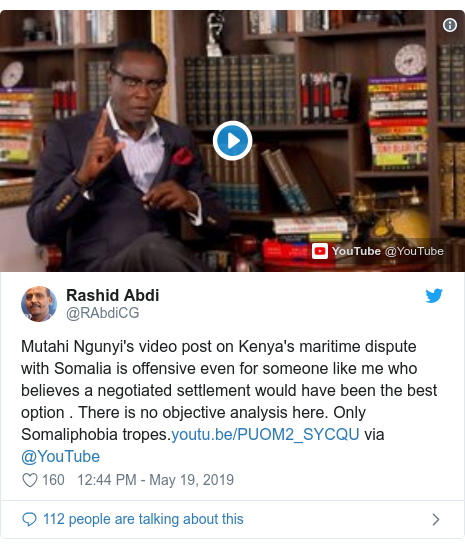 Twitter waxaa daabacay @RAbdiCG: Mutahi Ngunyi's video post on Kenya's maritime dispute with Somalia is offensive even for someone like me who believes a negotiated settlement would have been the best option . There is no objective analysis here. Only Somaliphobia tropes. via @YouTube