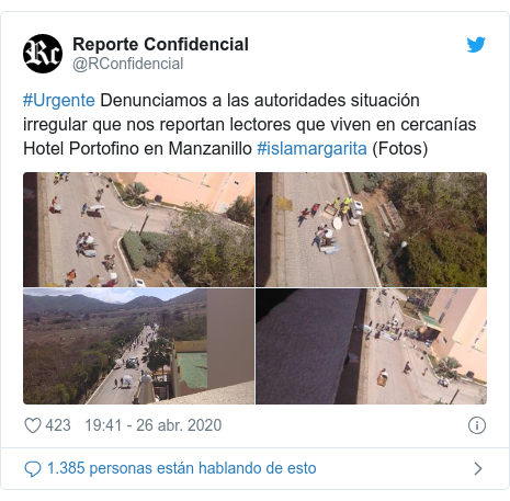 Publicación de Twitter por @RConfidencial: #Urgente Denunciamos a las autoridades situación irregular que nos reportan lectores que viven en cercanías Hotel Portofino en Manzanillo #islamargarita (Fotos) 