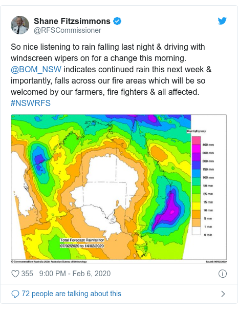 Twitter post by @RFSCommissioner: So nice listening to rain falling last night & driving with windscreen wipers on for a change this morning. @BOM_NSW indicates continued rain this next week & importantly, falls across our fire areas which will be so welcomed by our farmers, fire fighters & all affected. #NSWRFS 