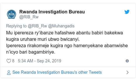 Twitter ubutumwa bwa @RIB_Rw: Mu iperereza ry’ibanze hafashwe abantu babiri bakekwa kugira uruhare muri ubwo bwicanyi. Iperereza rirakomeje kugira ngo hamenyekane abamwishe n’icyo bari bagambiriye.