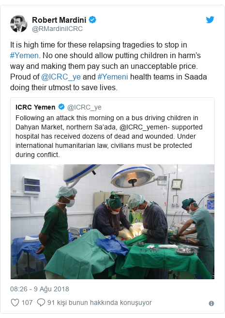 @RMardiniICRC tarafından yapılan Twitter paylaşımı: It is high time for these relapsing tragedies to stop in #Yemen. No one should allow putting children in harm’s way and making them pay such an unacceptable price. Proud of @ICRC_ye and #Yemeni health teams in Saada doing their utmost to save lives. 
