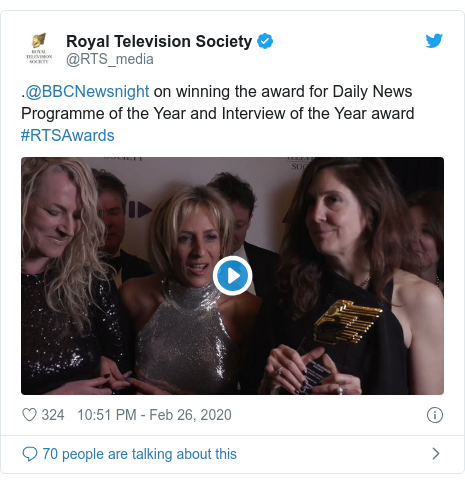 Twitter post by @RTS_media: .@BBCNewsnight on winning the award for Daily News Programme of the Year and Interview of the Year award #RTSAwards 