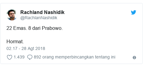 Twitter pesan oleh @RachlanNashidik: 22 Emas. 8 dari Prabowo. Hormat.