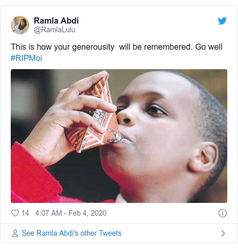 Twitter post by @RamlaLulu: This is how your generousity  will be remembered. Go well  #RIPMoi 