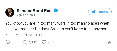 Twitter post by @RandPaul: You know you are in too many wars in too many places when even warmonger Lindsay Graham can’t keep track anymore
