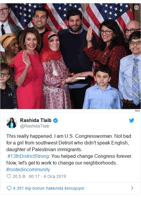 @RashidaTlaib tarafından yapılan Twitter paylaşımı: This really happened. I am U.S. Congresswoman. Not bad for a girl from southwest Detroit who didn't speak English, daughter of Palestinian immigrants. #13thDistrictStrong You helped change Congress forever. Now, let's get to work to change our neighborhoods. #rootedincommunity 