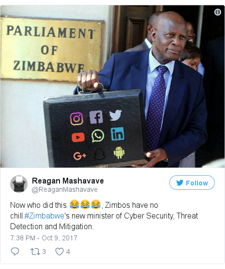 Twitter post by @ReaganMashavave: Now who did this 😂😂😂, Zimbos have no chill.#Zimbabwe's new minister of Cyber Security, Threat Detection and Mitigation. 