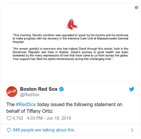 Twitter post by @RedSox: The #RedSox today issued the following statement on behalf of Tiffany Ortiz  