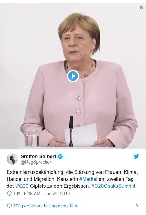 Twitter post by @RegSprecher: Extremismusbekämpfung, die Stärkung von Frauen, Klima, Handel und Migration Kanzlerin #Merkel am zweiten Tag des #G20-Gipfels zu den Ergebissen. #G20OsakaSummit 