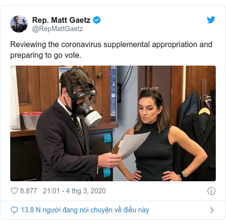 Twitter bởi @RepMattGaetz: Reviewing the coronavirus supplemental appropriation and preparing to go vote. 