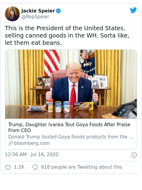 Twitter post by @RepSpeier: This is the President of the United States, selling canned goods in the WH. Sorta like, let them eat beans.  