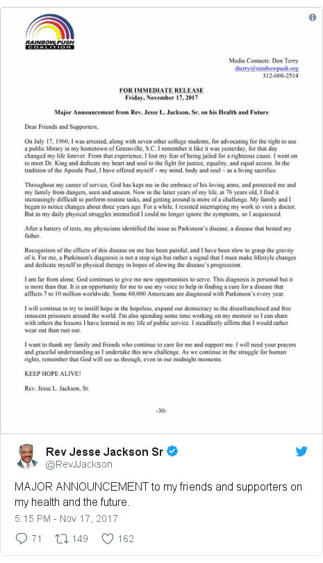 Twitter post by @RevJJackson: MAJOR ANNOUNCEMENT to my friends and supporters on my health and the future. 