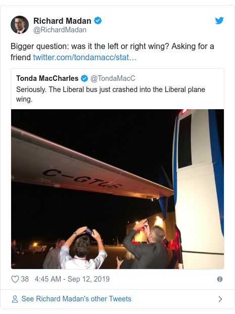 Twitter post by @RichardMadan: Bigger question was it the left or right wing? Asking for a friend 