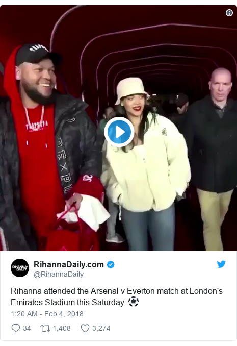 Twitter post by @RihannaDaily: Rihanna attended the Arsenal v Everton match at London's Emirates Stadium this Saturday. ⚽️ 