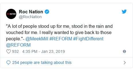 Twitter post by @RocNation: "A lot of people stood up for me, stood in the rain and vouched for me. I really wanted to give back to those people."- @MeekMill #REFORM #FightDifferent @REFORM