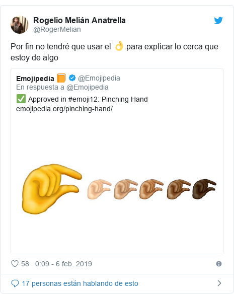 Publicación de Twitter por @RogerMelian: Por fin no tendré que usar el 👌 para explicar lo cerca que estoy de algo 