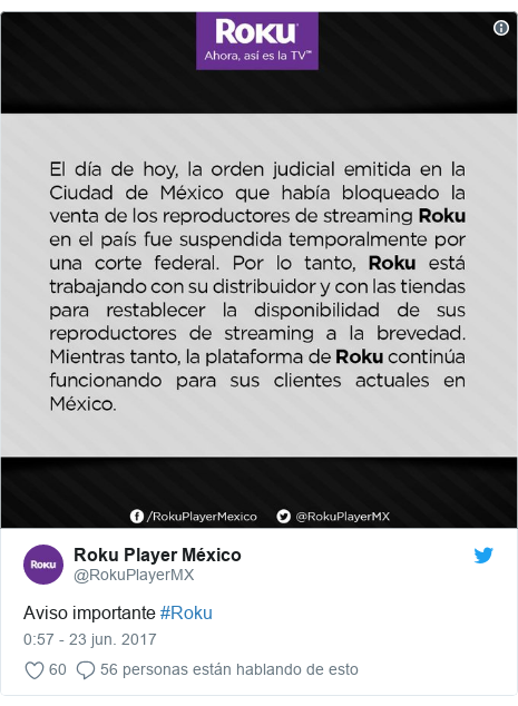 Publicación de Twitter por @RokuPlayerMX: Aviso importante #Roku 
