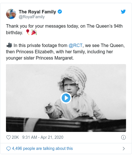 Twitter post by @RoyalFamily: Thank you for your messages today, on The Queen’s 94th birthday. 🎈🎉🎥 In this private footage from @RCT, we see The Queen, then Princess Elizabeth, with her family, including her younger sister Princess Margaret. 