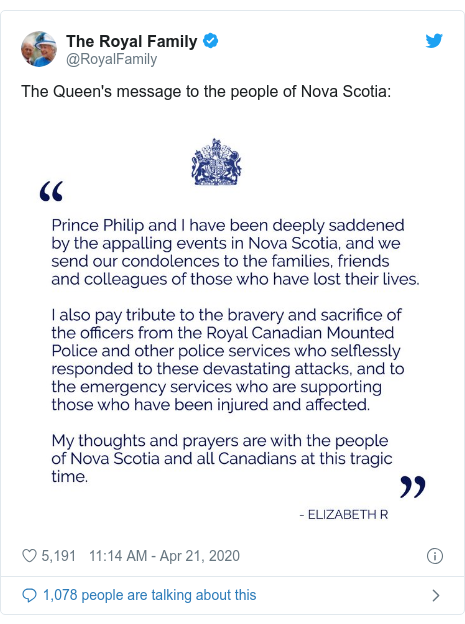 Twitter post by @RoyalFamily: The Queen's message to the people of Nova Scotia  