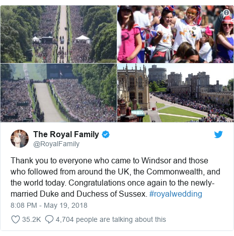 Twitter post by @RoyalFamily: Thank you to everyone who came to Windsor and those who followed from around the UK, the Commonwealth, and the world today. Congratulations once again to the newly-married Duke and Duchess of Sussex. #royalwedding 
