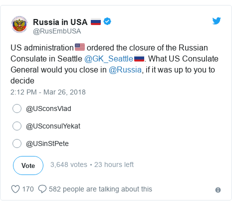 Twitter post by @RusEmbUSA: US administration?? ordered the closure of the Russian Consulate in Seattle @GK_Seattle??. What US Consulate General would you close in @Russia, if it was up to you to decide