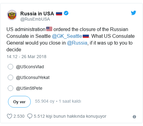 @RusEmbUSA tarafÄ±ndan yapÄ±lan Twitter paylaÅÄ±mÄ±: US administrationðºð¸ ordered the closure of the Russian Consulate in Seattle @GK_Seattleð·ðº. What US Consulate General would you close in @Russia, if it was up to you to decide