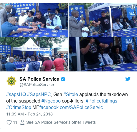 Twitter post by @SAPoliceService: #sapsHQ #SapsNPC, Gen #Sitole applauds the takedown of the suspected #Ngcobo cop-killers. #PoliceKillings #CrimeStop ME 