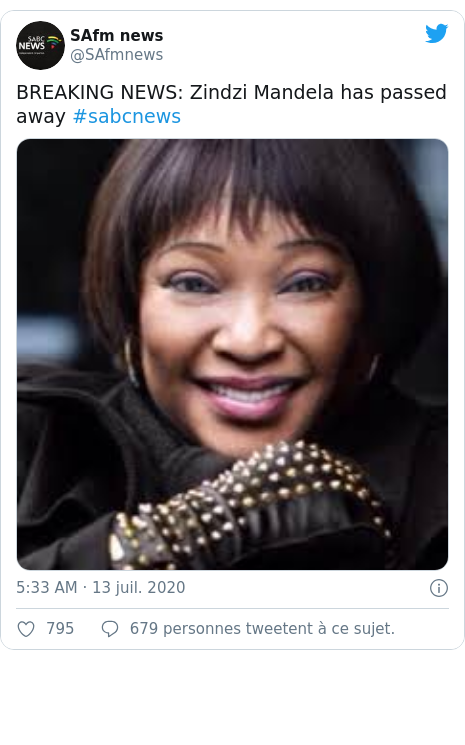 Twitter publication par @SAfmnews: BREAKING NEWS  Zindzi Mandela has passed away #sabcnews 