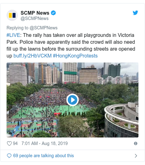 Twitter post by @SCMPNews: #LIVE  The rally has taken over all playgrounds in Victoria Park. Police have apparently said the crowd will also need fill up the lawns before the surrounding streets are opened up  #HongKongProtests 