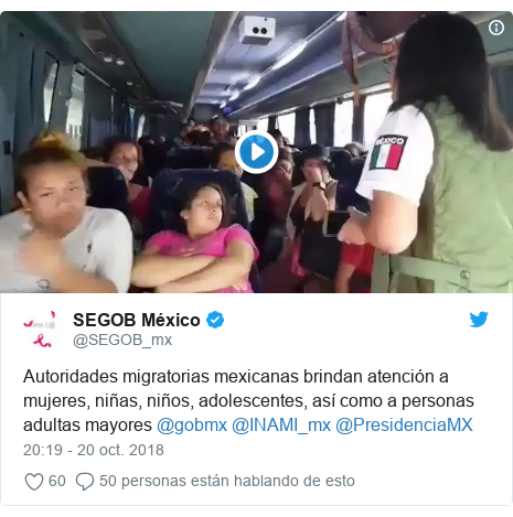 Publicación de Twitter por @SEGOB_mx: Autoridades migratorias mexicanas brindan atención a mujeres, niñas, niños, adolescentes, así como a personas adultas mayores @gobmx @INAMI_mx @PresidenciaMX 