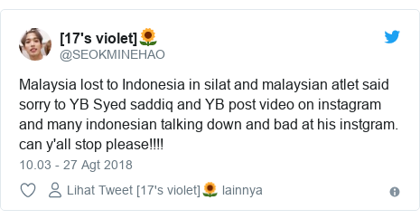 Twitter pesan oleh @SEOKMINEHAO: Malaysia lost to Indonesia in silat and malaysian atlet said sorry to YB Syed saddiq and YB post video on instagram and many indonesian talking down and bad at his instgram. can y'all stop please!!!!