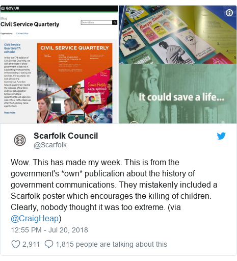 Twitter post by @Scarfolk: Wow. This has made my week. This is from the government's *own* publication about the history of government communications. They mistakenly included a Scarfolk poster which encourages the killing of children. Clearly, nobody thought it was too extreme. (via @CraigHeap) 