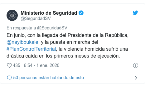 Publicación de Twitter por @SeguridadSV: En junio, con la llegada del Presidente de la República, @nayibbukele, y la puesta en marcha del #PlanControlTerritorial, la violencia homicida sufrió una drástica caída en los primeros meses de ejecución.