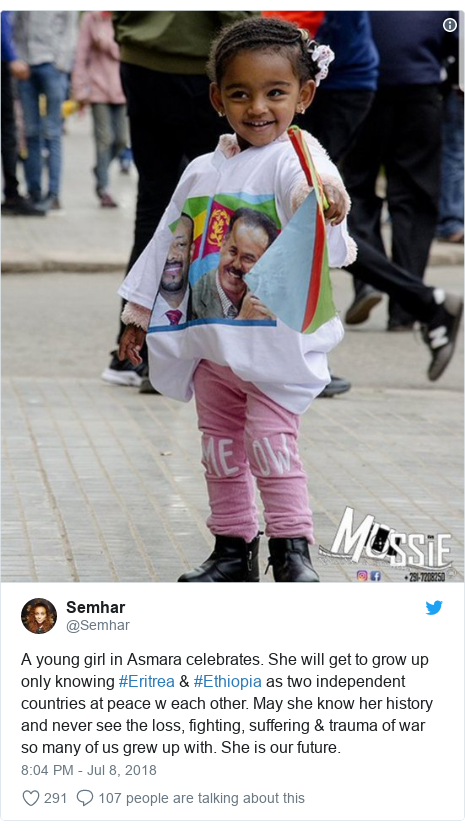 Twitter post by @Semhar: A young girl in Asmara celebrates. She will get to grow up only knowing #Eritrea & #Ethiopia as two independent countries at peace w each other. May she know her history and never see the loss, fighting, suffering & trauma of war so many of us grew up with. She is our future. 