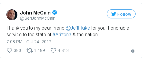 Twitter post by @SenJohnMcCain: Thank you to my dear friend @JeffFlake for your honorable service to the state of #Arizona & the nation.