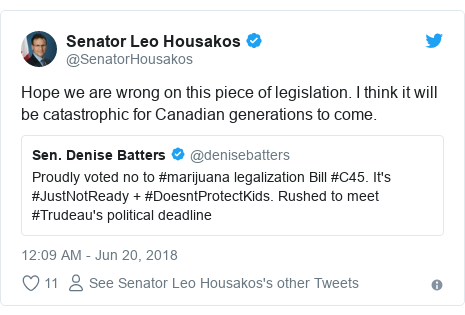 Twitter post by @SenatorHousakos: Hope we are wrong on this piece of legislation. I think it will be catastrophic for Canadian generations to come. 