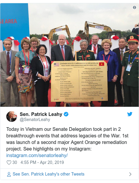 Twitter post by @SenatorLeahy: Today in Vietnam our Senate Delegation took part in 2 breakthrough events that address legacies of the War. 1st was launch of a second major Agent Orange remediation project. See highlights on my Instagram 