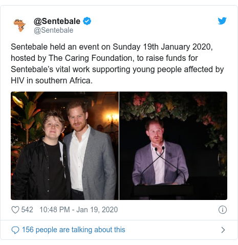 Twitter post by @Sentebale: Sentebale held an event on Sunday 19th January 2020, hosted by The Caring Foundation, to raise funds for Sentebale’s vital work supporting young people affected by HIV in southern Africa. 