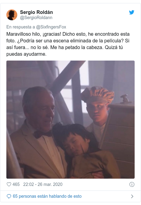 Publicación de Twitter por @SergioRoldann: Maravilloso hilo, ¡gracias! Dicho esto, he encontrado esta foto. ¿Podría ser una escena eliminada de la película? Si así fuera... no lo sé. Me ha petado la cabeza. Quizá tú puedas ayudarme. 