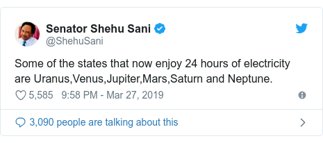 Twitter post by @ShehuSani: Some of the states that now enjoy 24 hours of electricity are Uranus,Venus,Jupiter,Mars,Saturn and Neptune.
