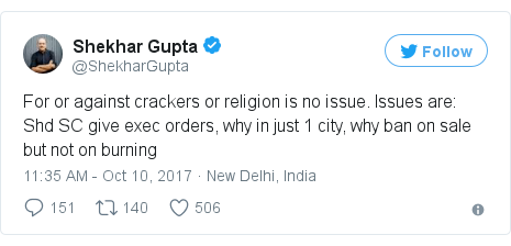 Twitter post by @ShekharGupta: For or against crackers or religion is no issue. Issues are  Shd SC give exec orders, why in just 1 city, why ban on sale but not on burning