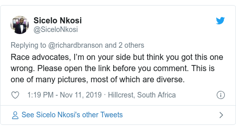 Twitter post by @SiceloNkosi: Race advocates, I’m on your side but think you got this one wrong. Please open the link before you comment. This is one of many pictures, most of which are diverse.