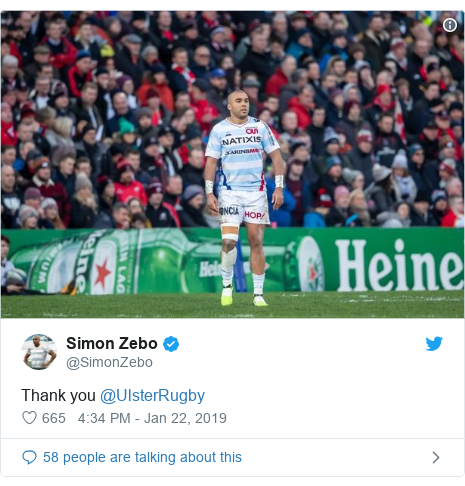 Twitter post by @SimonZebo: Thank you @UlsterRugby 
