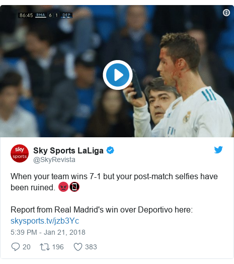 Twitter post by @SkyRevista: When your team wins 7-1 but your post-match selfies have been ruined. 😡📵Report from Real Madrid's win over Deportivo here   
