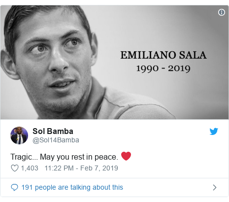 Twitter post by @Sol14Bamba: Tragic... May you rest in peace. ❤️ 