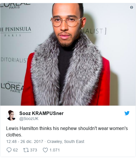 Publicación de Twitter por @SoozUK: Lewis Hamilton thinks his nephew shouldn't wear women's clothes. 