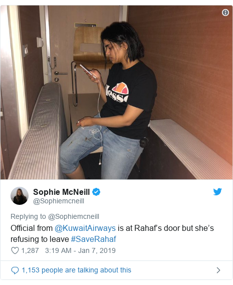 Twitter post by @Sophiemcneill: Official from @KuwaitAirways is at Rahaf’s door but she’s refusing to leave #SaveRahaf 