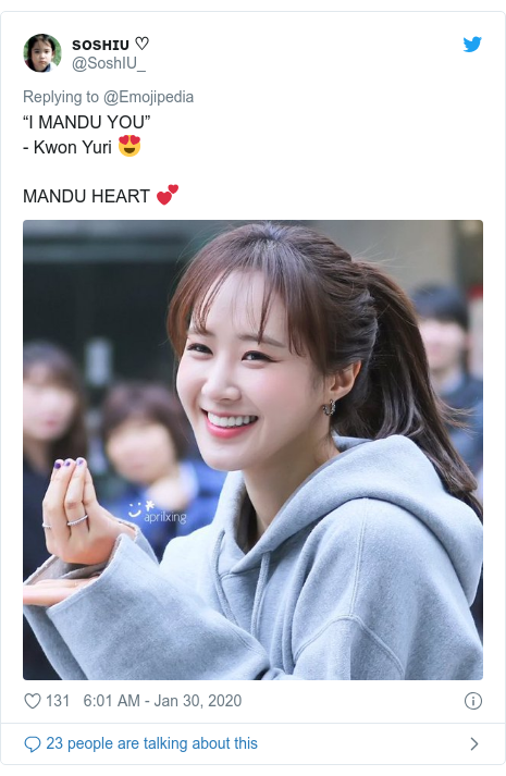 Twitter post by @SoshIU_: â€œI MANDU YOUâ€- Kwon Yuri ðŸ˜MANDU HEART ðŸ’• 