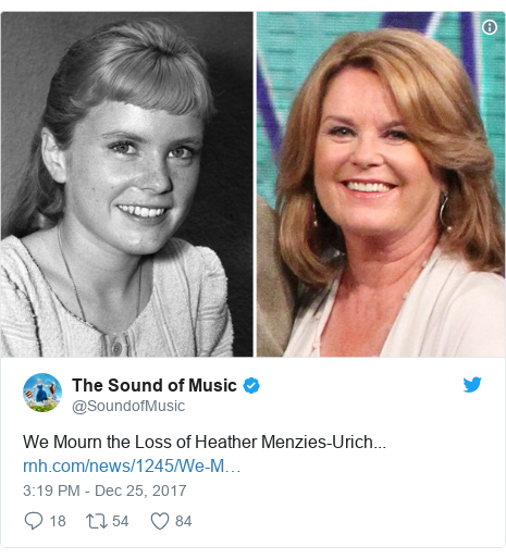 Twitter post by @SoundofMusic: We Mourn the Loss of Heather Menzies-Urich...  